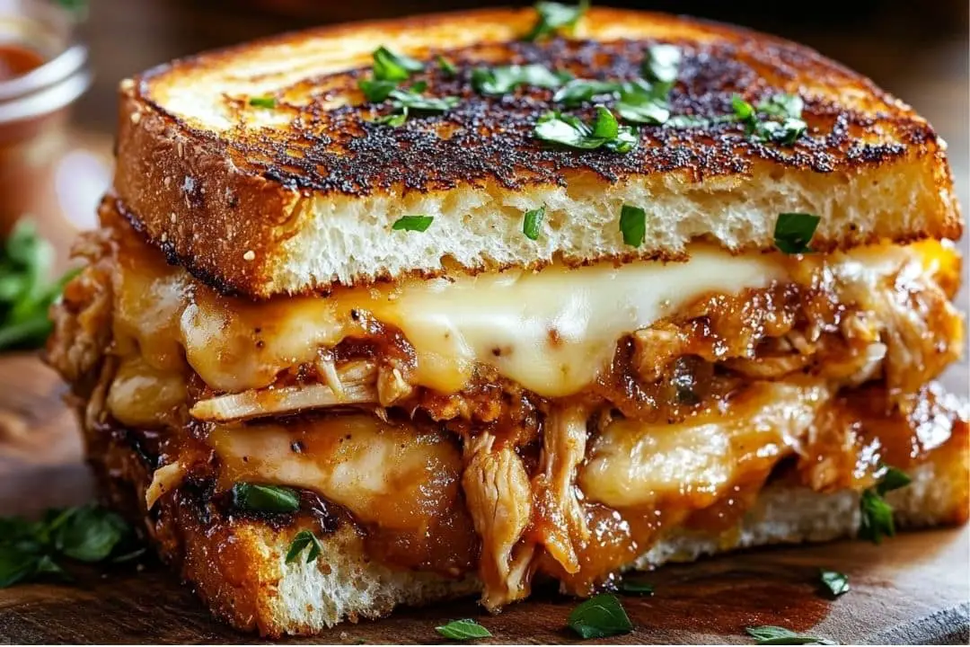 This BBQ Chicken Grilled Cheese Sandwich combines tender BBQ chicken, melty Havarti cheese, and garlic buttered bread for an irresistible, comforting meal. Perfect for lunch or dinner, this sandwich is sure to be a hit!