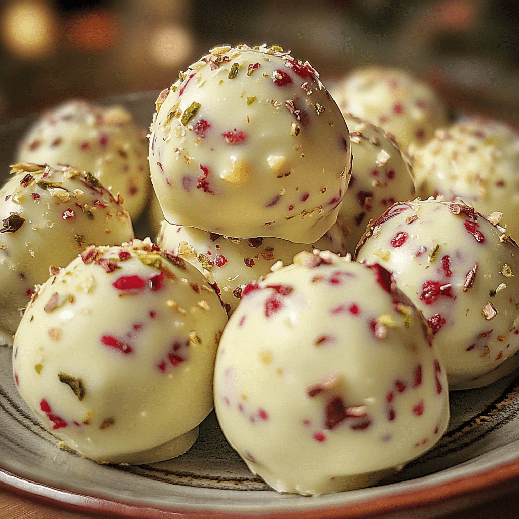 cranberry pistachio truffles, white chocolate truffles, holiday truffles, homemade truffles, festive candy