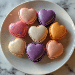 macarons, heart-shaped macarons, French macarons, Valentine’s Day treats, buttercream filling, homemade macarons