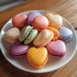 macarons, heart-shaped macarons, French macarons, Valentine’s Day treats, buttercream filling, homemade macarons