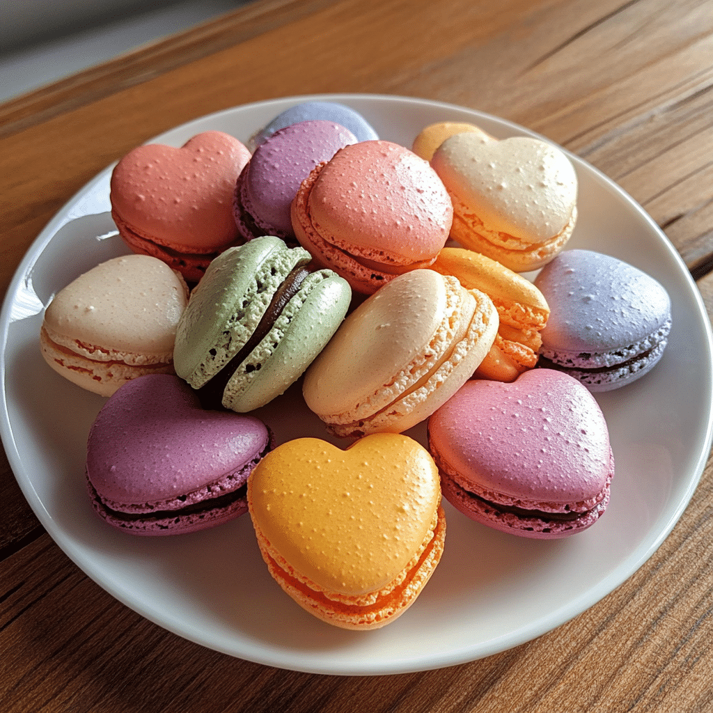 macarons, heart-shaped macarons, French macarons, Valentine’s Day treats, buttercream filling, homemade macarons