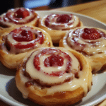 strawberry cinnamon rolls, cheesecake cinnamon rolls, strawberry rolls, cinnabon rolls, breakfast rolls, dessert rolls, cinnamon roll recipe, homemade cinnamon rolls, strawberry dessert, cream cheese glaze