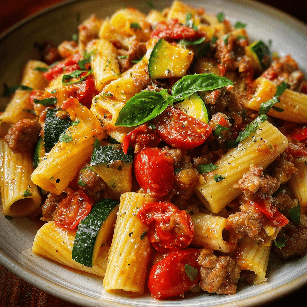 Rigatoni with Sausage, Tomatoes & Zucchini