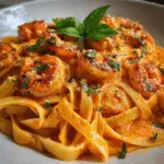 Shrimp Fettuccine with Creamy Roasted Red Pepper Sauce