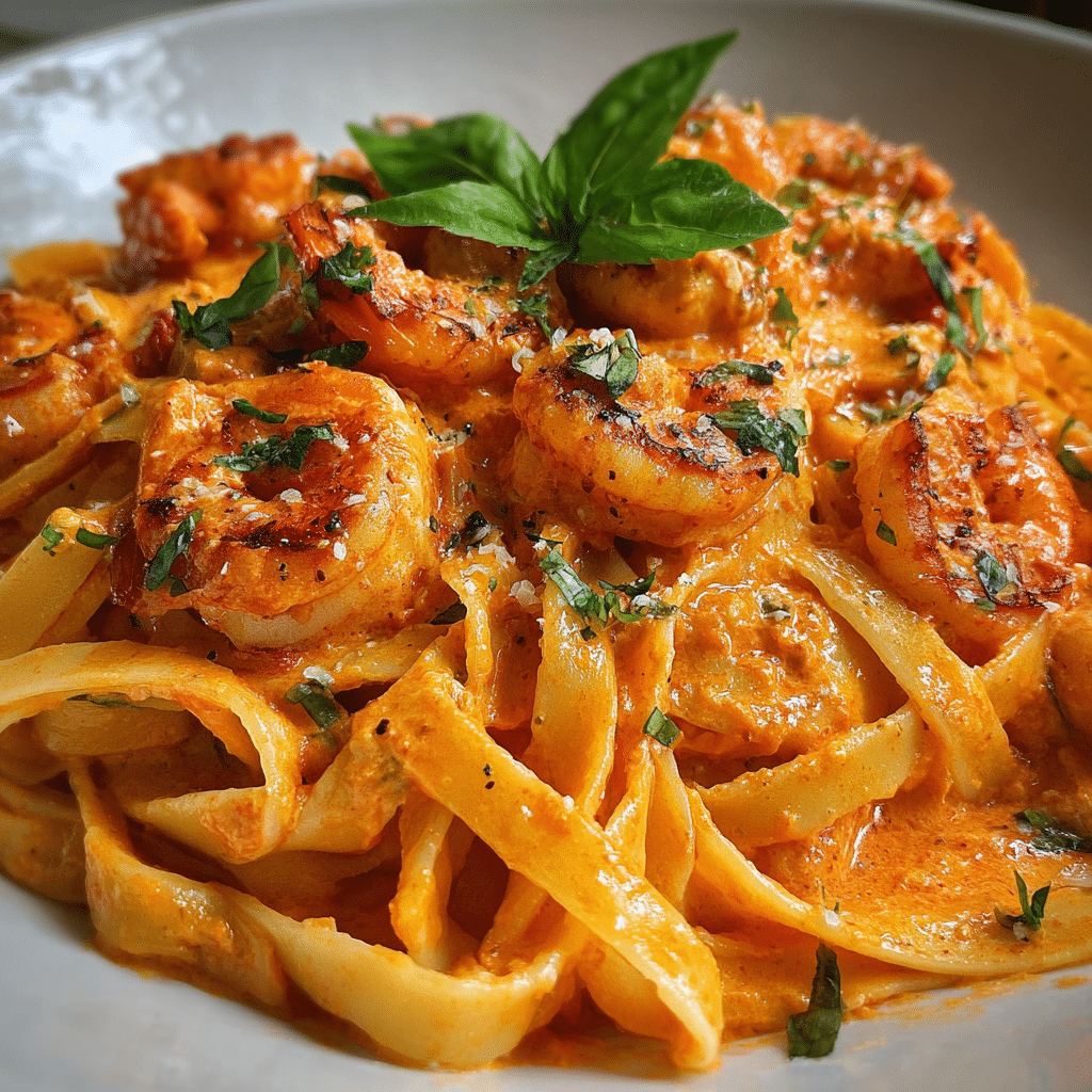 Shrimp Fettuccine with Creamy Roasted Red Pepper Sauce