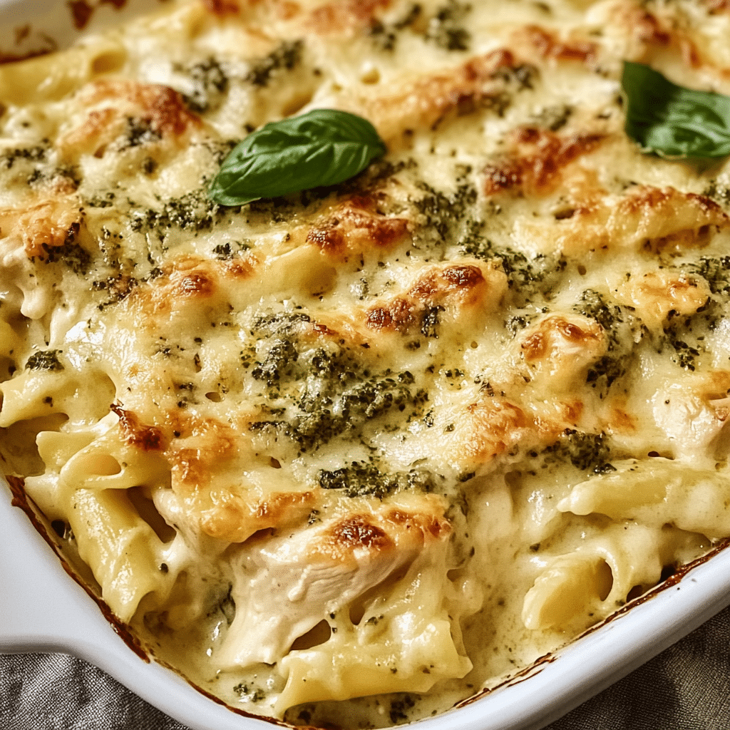 Chicken Alfredo Casserole with Spinach and Pesto