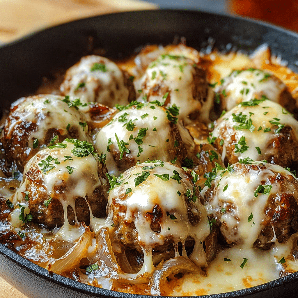 French Onion Meatballs with Melted Gruyere