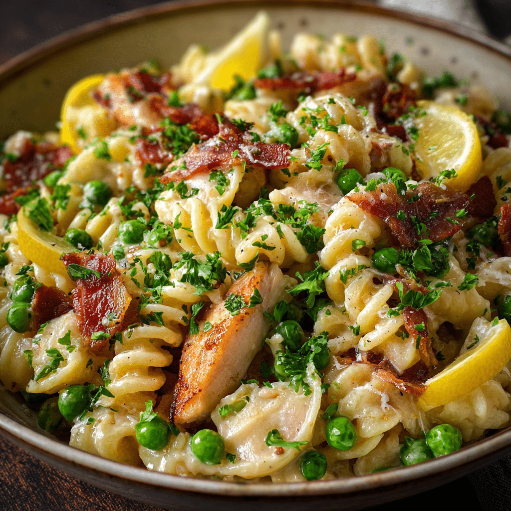 Chicken Pasta with Bacon Peas and Lemon