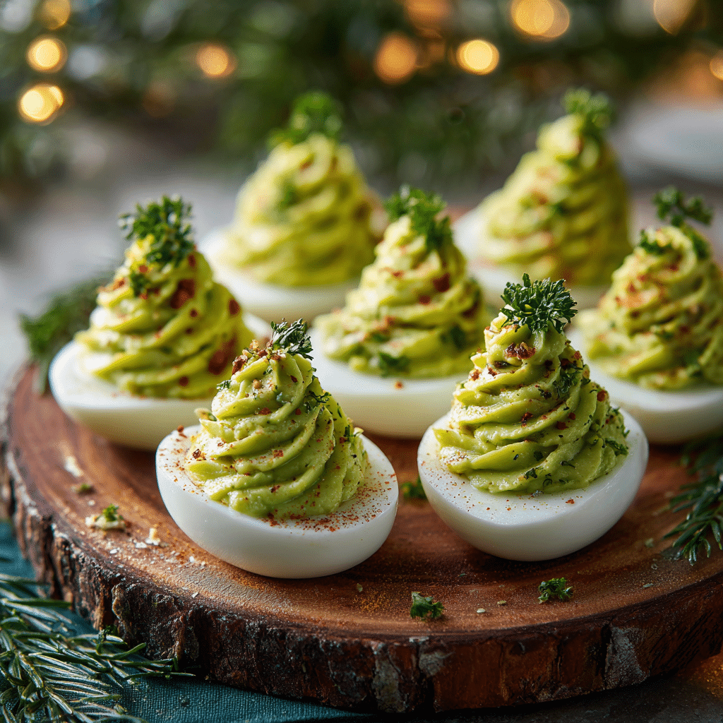 Christmas Tree Deviled Eggs with Avocado Filling