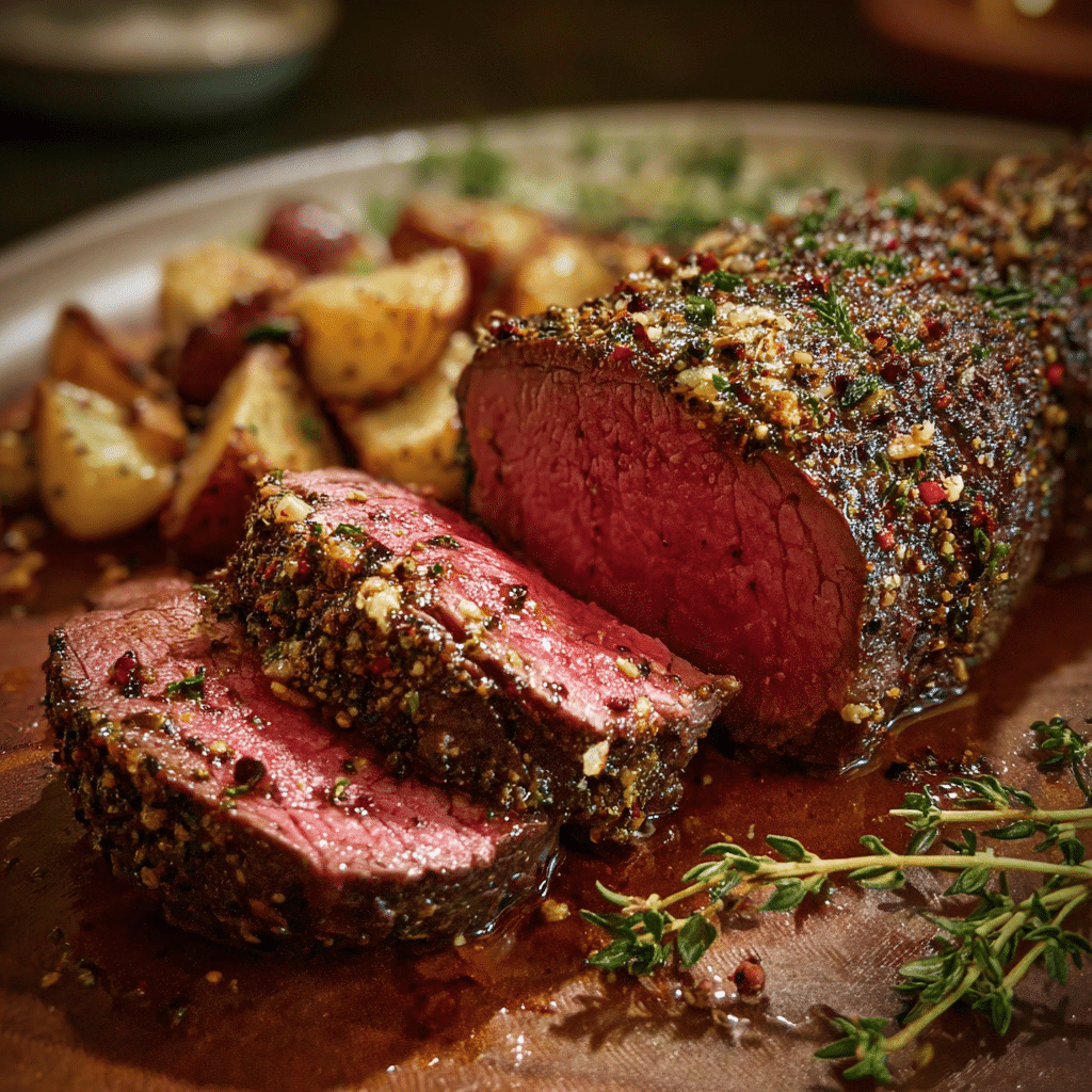 Garlic Peppercorn Crusted Beef Tenderloin