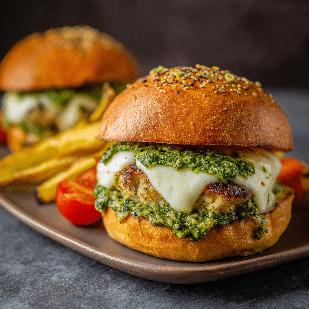 Spinach Chicken Burgers with Pesto and Mozzarella
