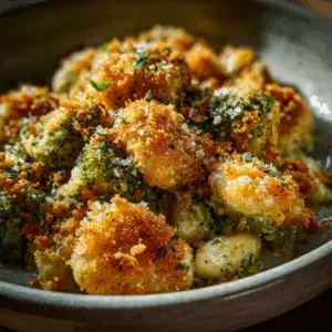 Broccoli Cheddar Beans with Crispy Cheddar Panko