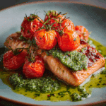 Salmon with Pesto and Blistered Tomatoes