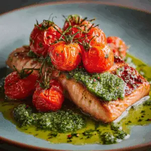 Salmon with Pesto and Blistered Tomatoes