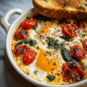 Baked Feta Eggs with Roasted Tomatoes and Spinach