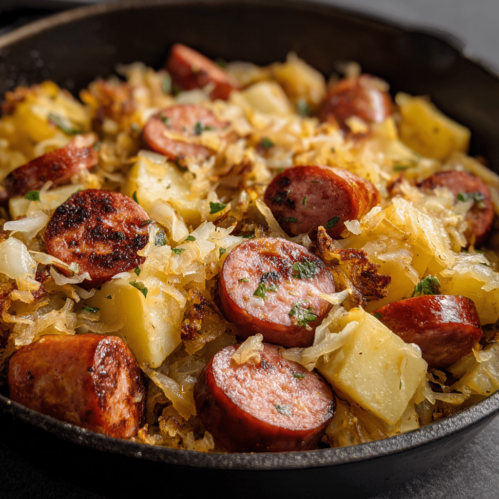 Skillet Kielbasa with Sauerkraut and Potatoes