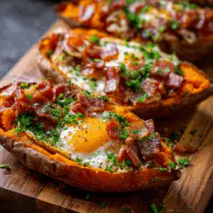 Sweet Potato Breakfast Boats with Bacon and Egg