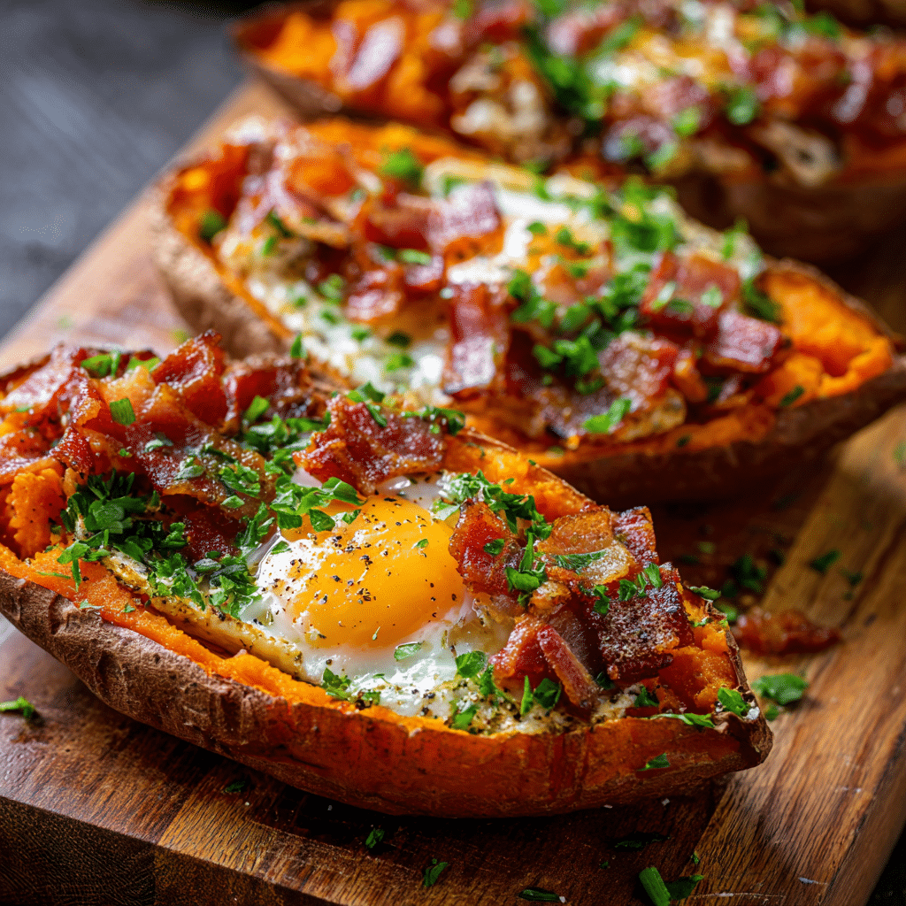Sweet Potato Breakfast Boats with Bacon and Egg