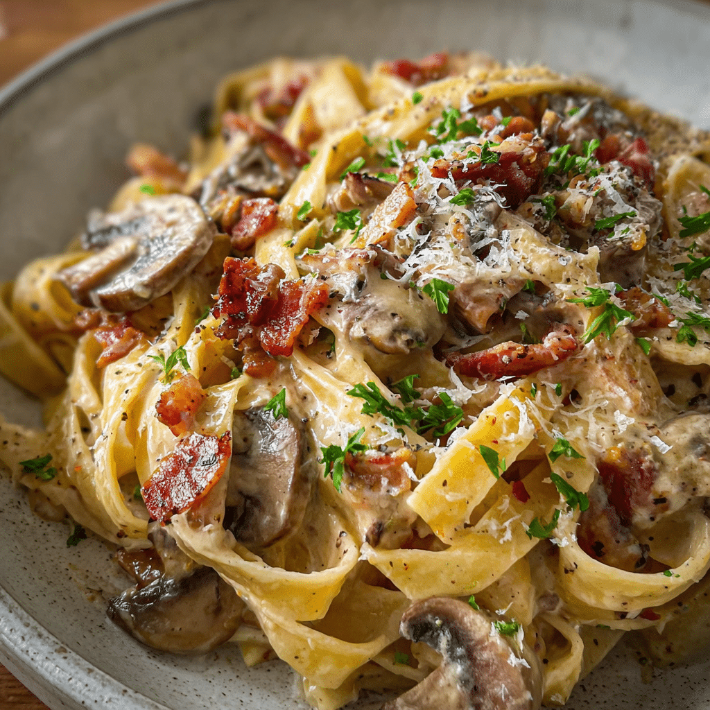 Creamy Mushroom and Bacon Fettuccine