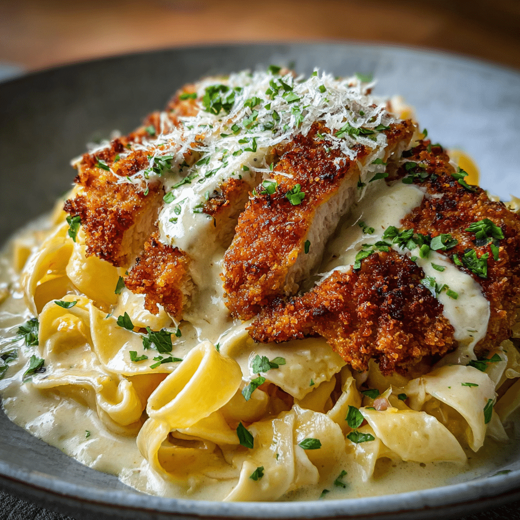 Crispy Chicken Schnitzel Alfredo