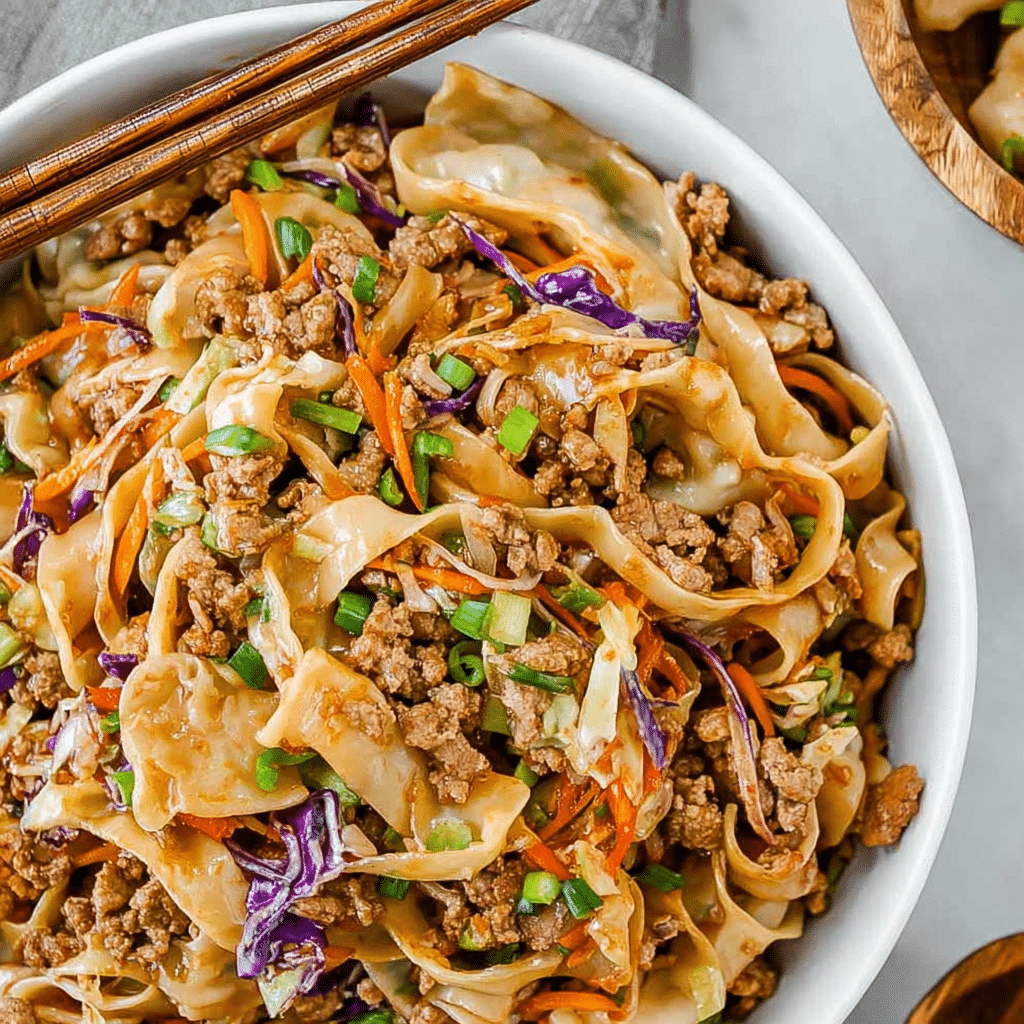 Potsticker Noodle Bowl with Pork & Cabbage Slaw